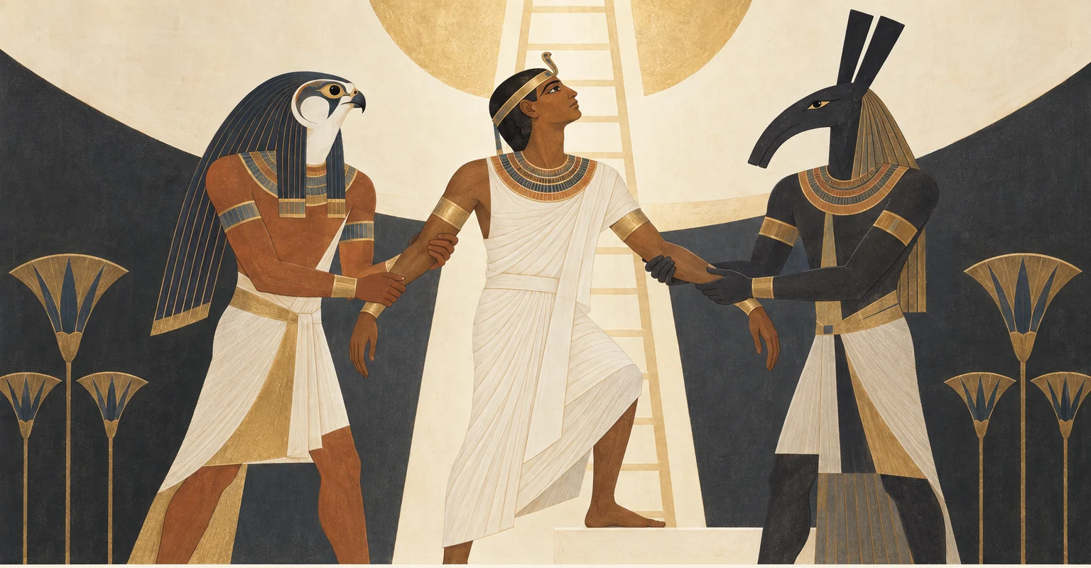 Contemporary illustration of Horus and Set assisting a deceased king's ascent toward the sun